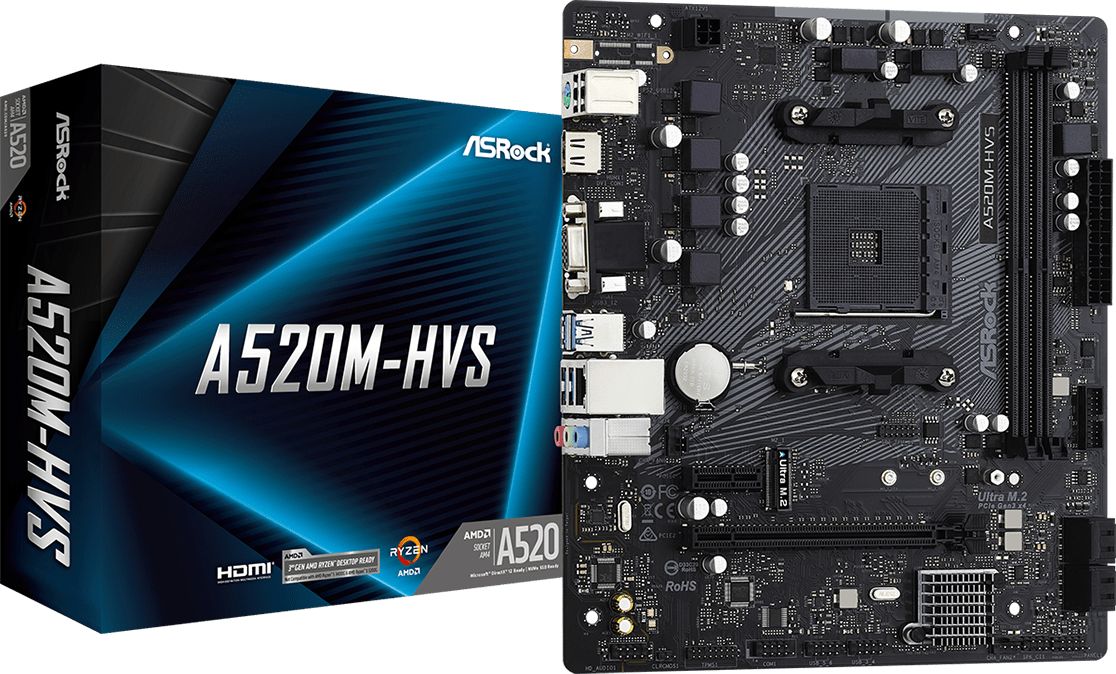 ASRock A520M-HVS Motherboard, AM4, AMD A520